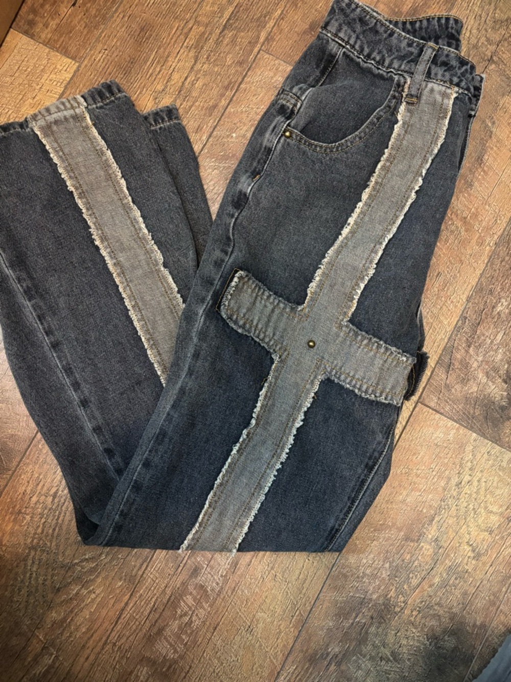 Cider Women's Black Denim High-Rise Jeans with Light Gray Cross Panels